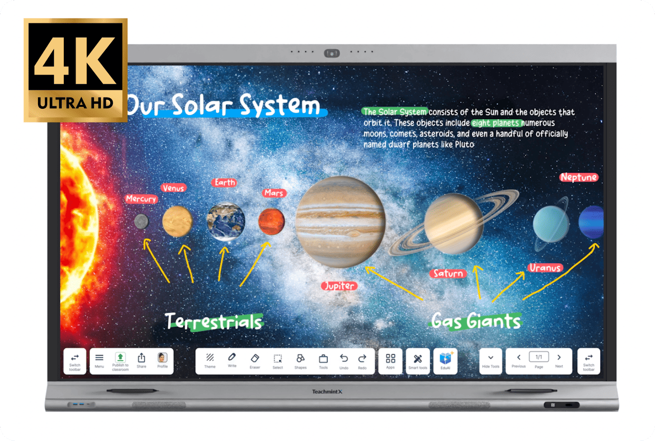 Teachmint X interactive panel displaying a solar-system lesson